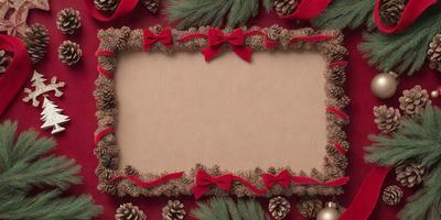 The primary subject of the image is a framed picture with a red bow on top. The setting is a Christmas-themed background, featuring pinecones and a red ribbon. The visual style is a combination of photo and digital art, creating a festive and warm atmosphere. The colors and mood are predominantly red and green, reflecting the holiday season.